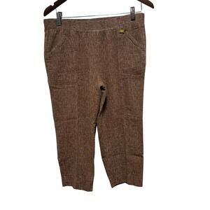 Ellen Tracy Pants Women M Brown Linen Elastic Waist Cropped Straight Lightweight